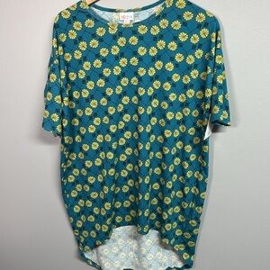 LuLaRoe Blue and Yellow Short Sleeve Tee Vibrant Pattern